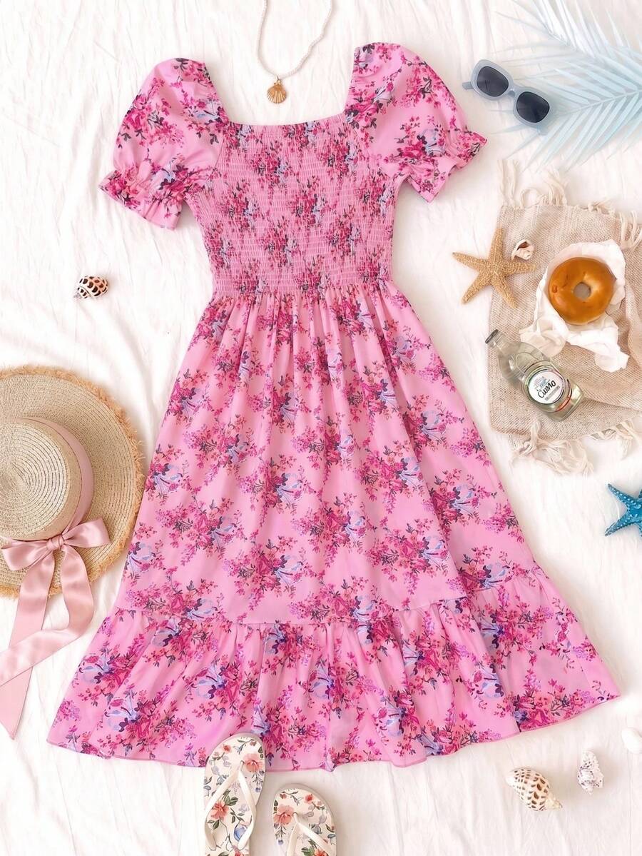 ChillGRL square neck short puff sleeve A-line long dress for teen girls featuring shirred high waist detailing and a flounce hem.