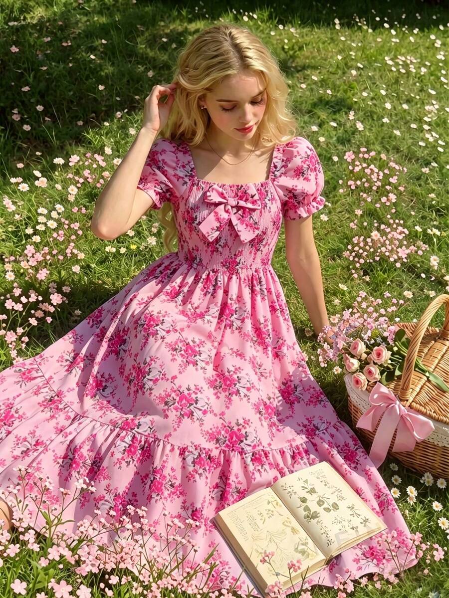 ChillGRL square neck short puff sleeve A-line long dress for teen girls featuring shirred high waist detailing and a flounce hem.