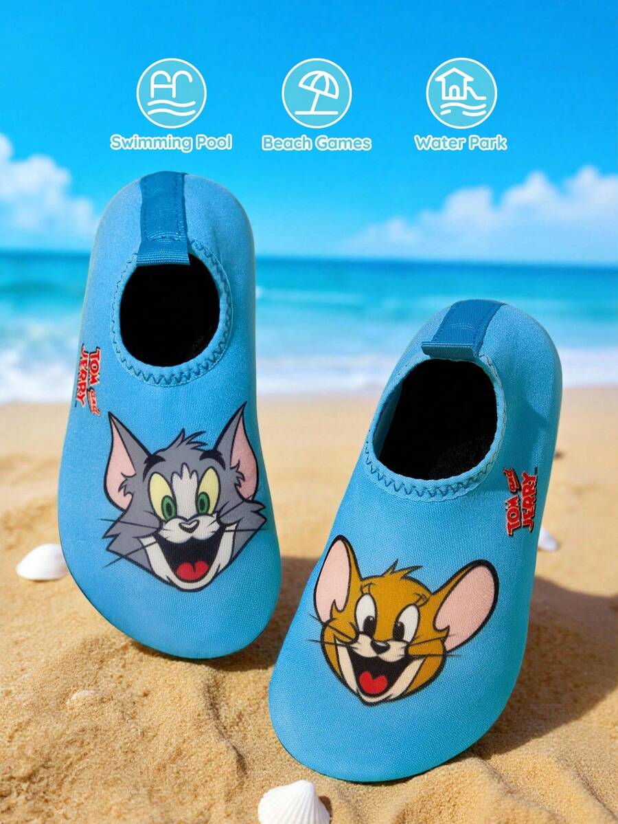 Girls cartoon pattern non-slip water shoes with slip-on closure and durable TPR outsole for beach and outdoor sports.