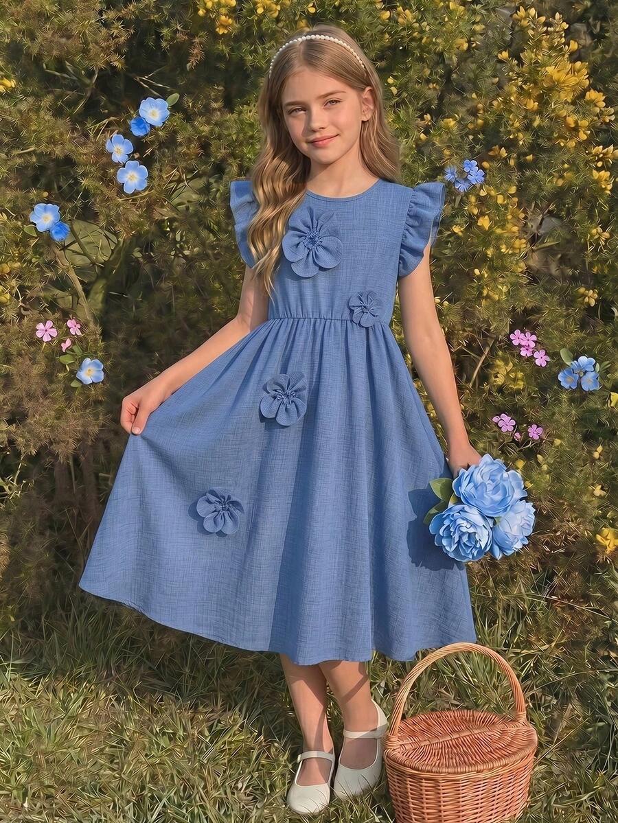 Tween girls dusty blue casual A-line dress with round neck, ruffle accents, high waist, and flared hem.