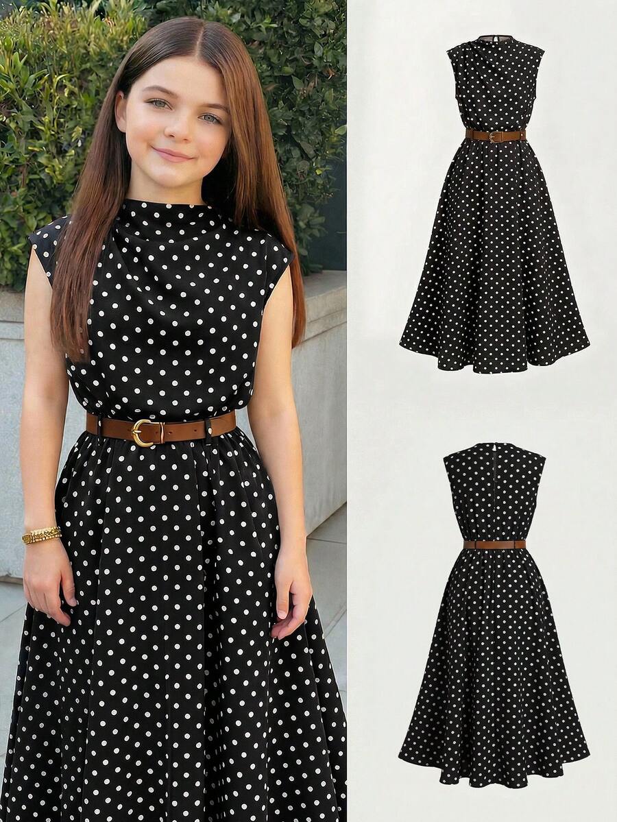 Tween girl wearing an apricot plant print long dress featuring a stand collar, short sleeves, high waist, flared hem, and back zipper closure.