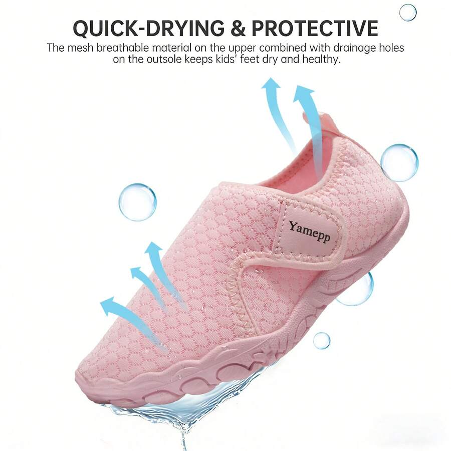 Kids breathable mesh water shoes with hook and loop closure and durable rubber outsole.