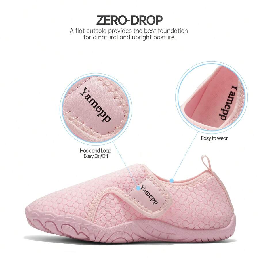Kids breathable mesh water shoes with hook and loop closure and durable rubber outsole.