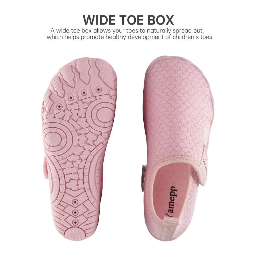 Kids breathable mesh water shoes with hook and loop closure and durable rubber outsole.
