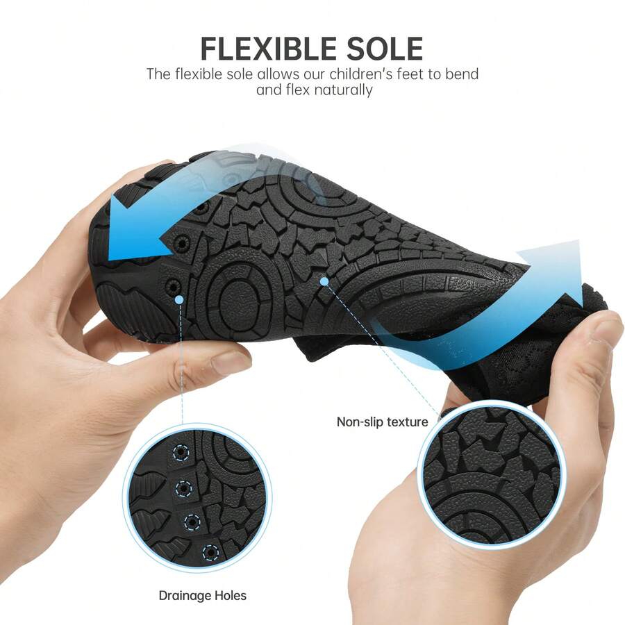 Black low-top kids water shoes featuring a breathable fabric upper, hook and loop closure, and rubber outsole for boys and girls.