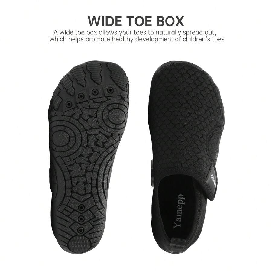 Kids breathable mesh water shoes with hook and loop closure and durable rubber outsole.