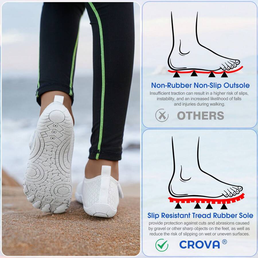 Kids breathable mesh water shoes with hook and loop closure and durable rubber outsole.