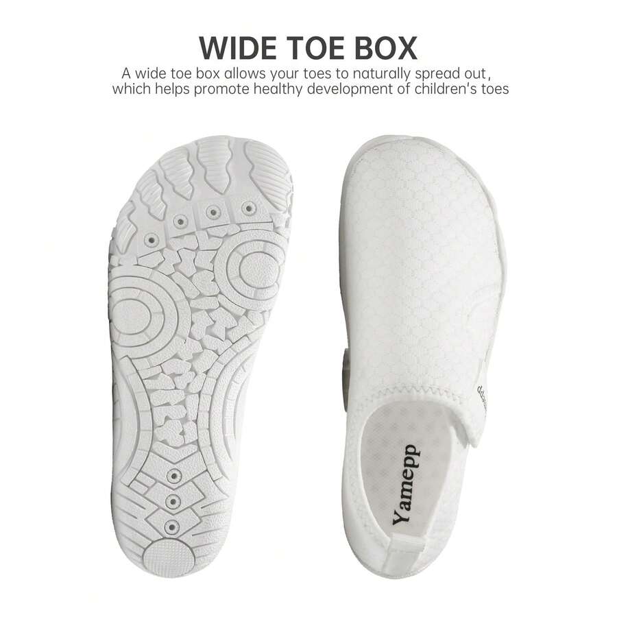 Kids breathable mesh water shoes with hook and loop closure and durable rubber outsole.