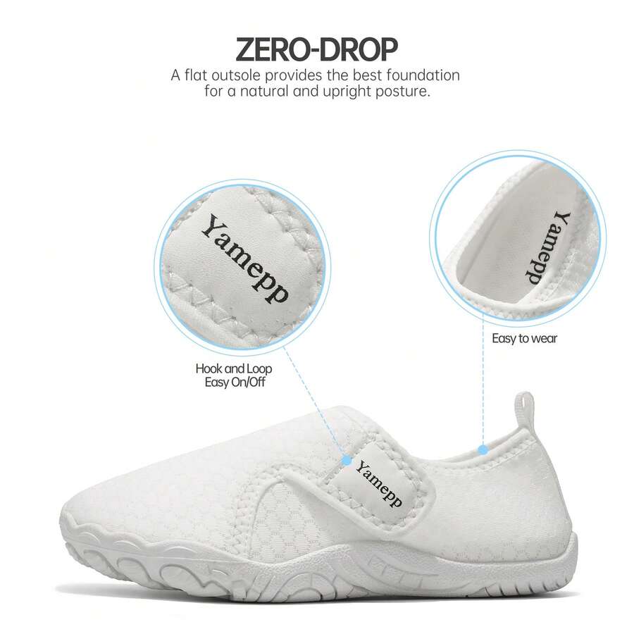 Kids breathable mesh water shoes with hook and loop closure and durable rubber outsole.