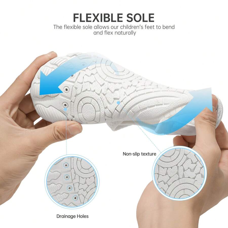 Kids breathable mesh water shoes with hook and loop closure and durable rubber outsole.