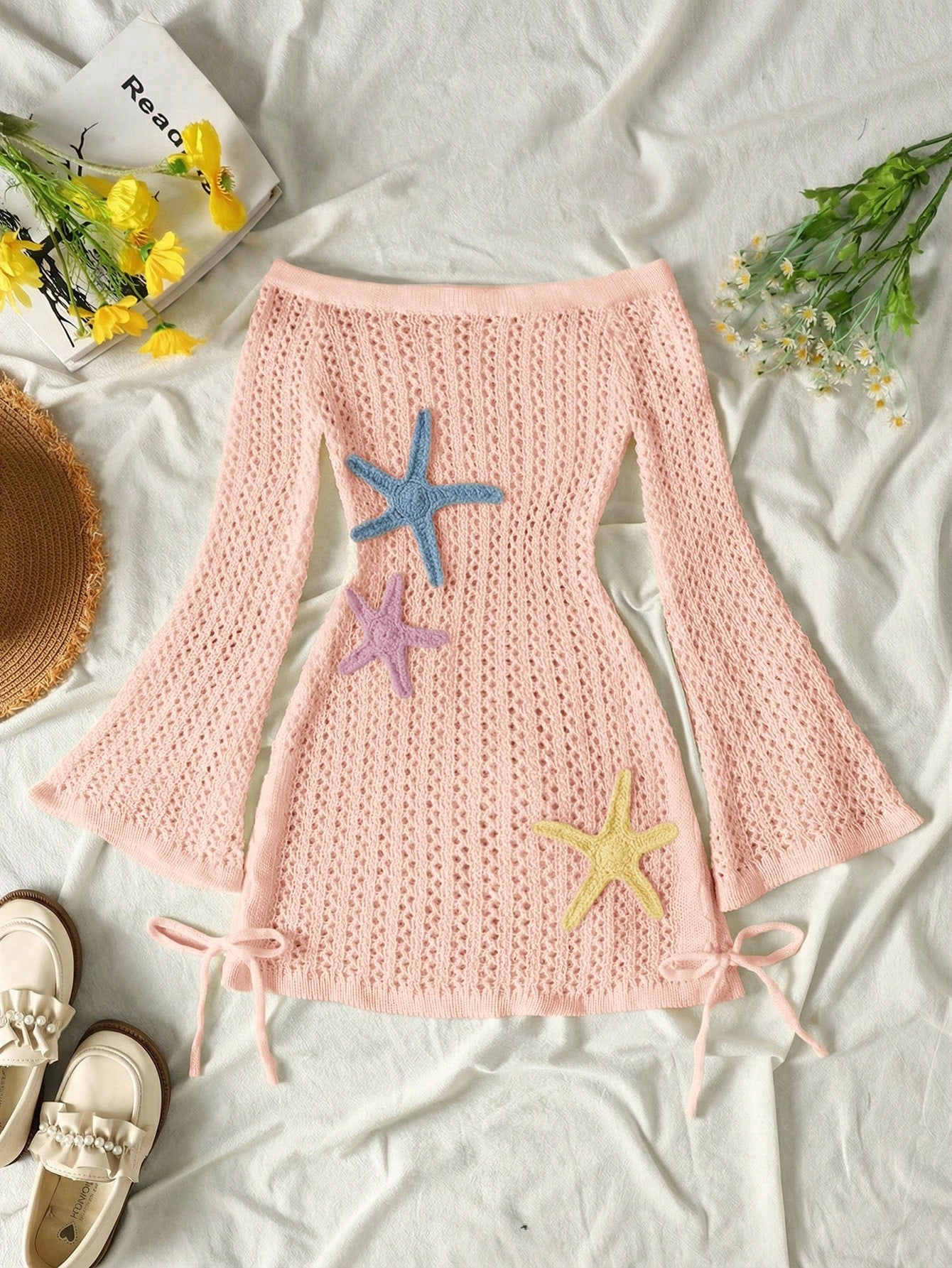 Tween girls off-the-shoulder beach cover-up dress with long sleeves, geometric pattern, and long length, made from 100% polyester fabric for casual swimwear layering.