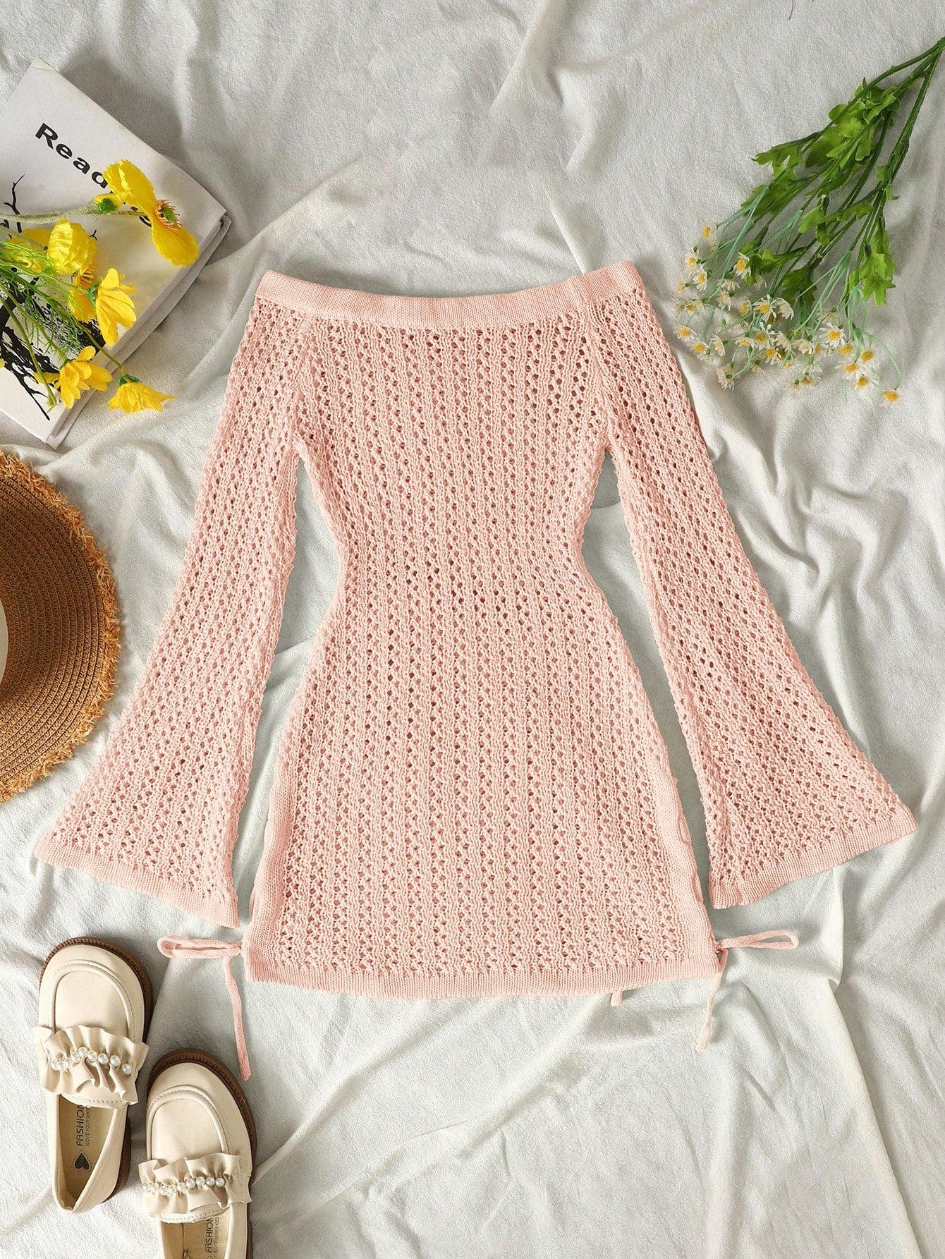 Tween girls off-the-shoulder beach cover-up dress with long sleeves, geometric pattern, and long length, made from 100% polyester fabric for casual swimwear layering.