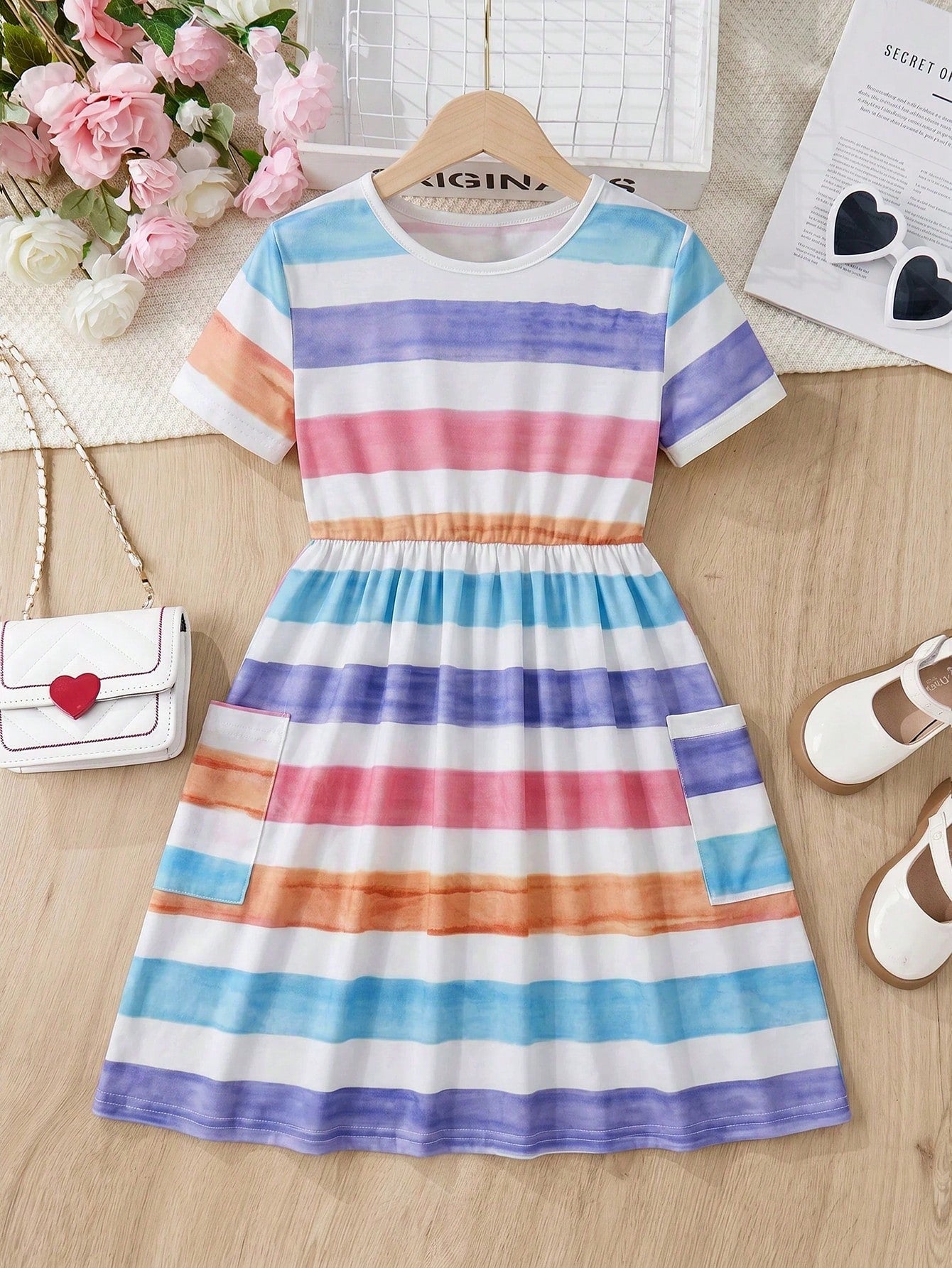 Tween girls casual colorblock short sleeve dress featuring a round neck, high waist flared hem, and button-front details.