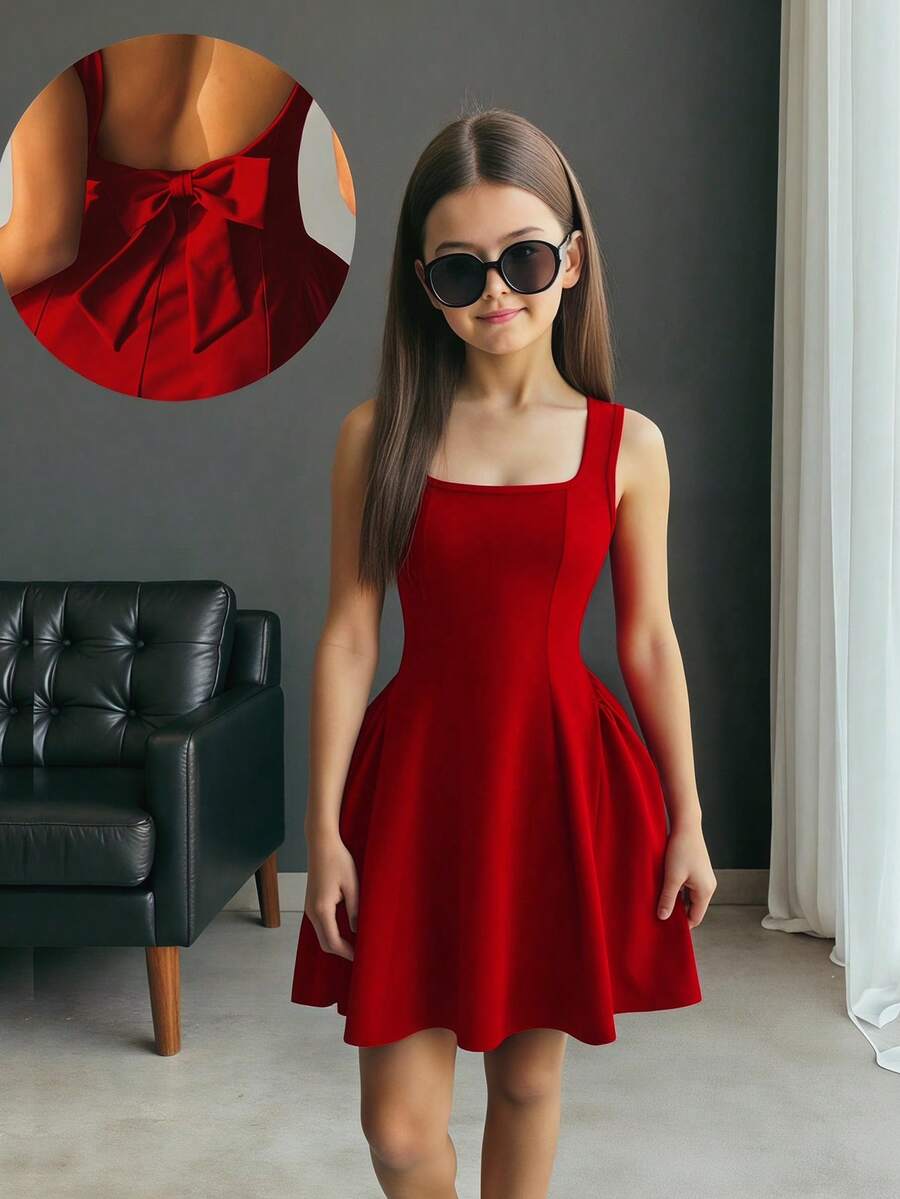 Black and white polka dot cami dress for tween girls featuring a square neckline, high waist, and flared short A-line hem.
