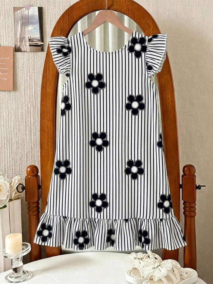 Tween girls apricot vacation midi dress featuring a round neck, cut out details, ruffle flounce accents, and geometric pattern.