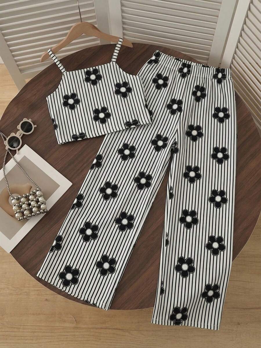 Tween girls casual 2-piece set featuring an apricot woven camisole crop top with back shirring and matching high-waisted loose long pants.