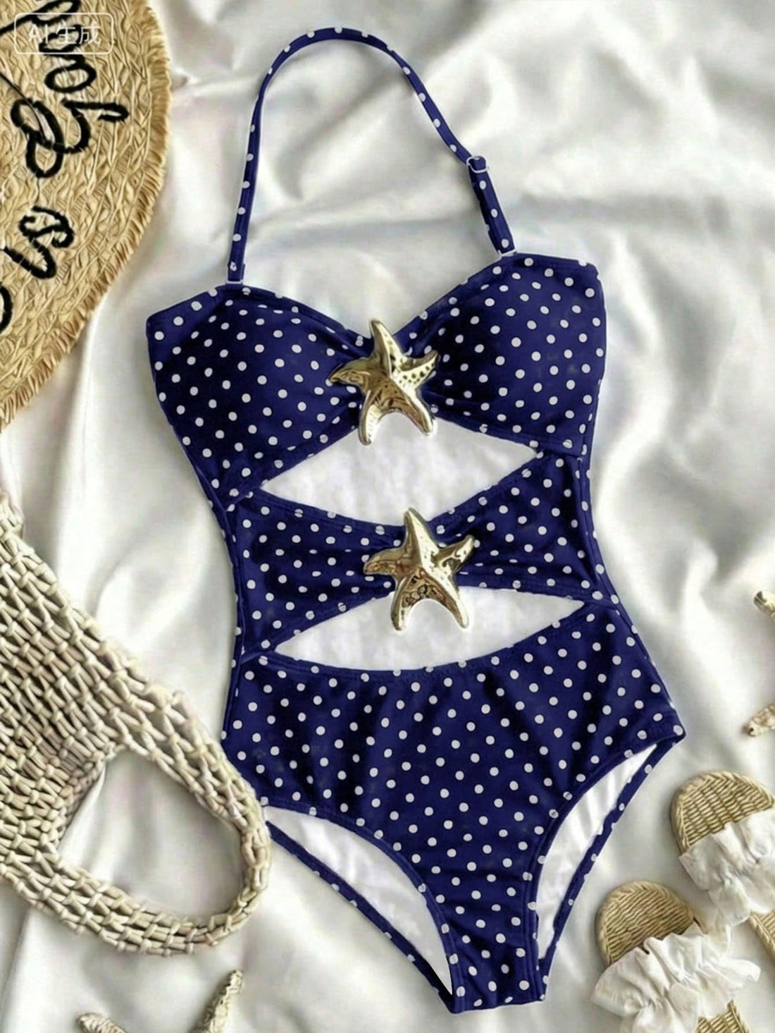 Tween girls' blue polka dot one-piece swimsuit with spaghetti strap halter neckline, high-cut bottom, and metal starfish decor for beach vacation wear.