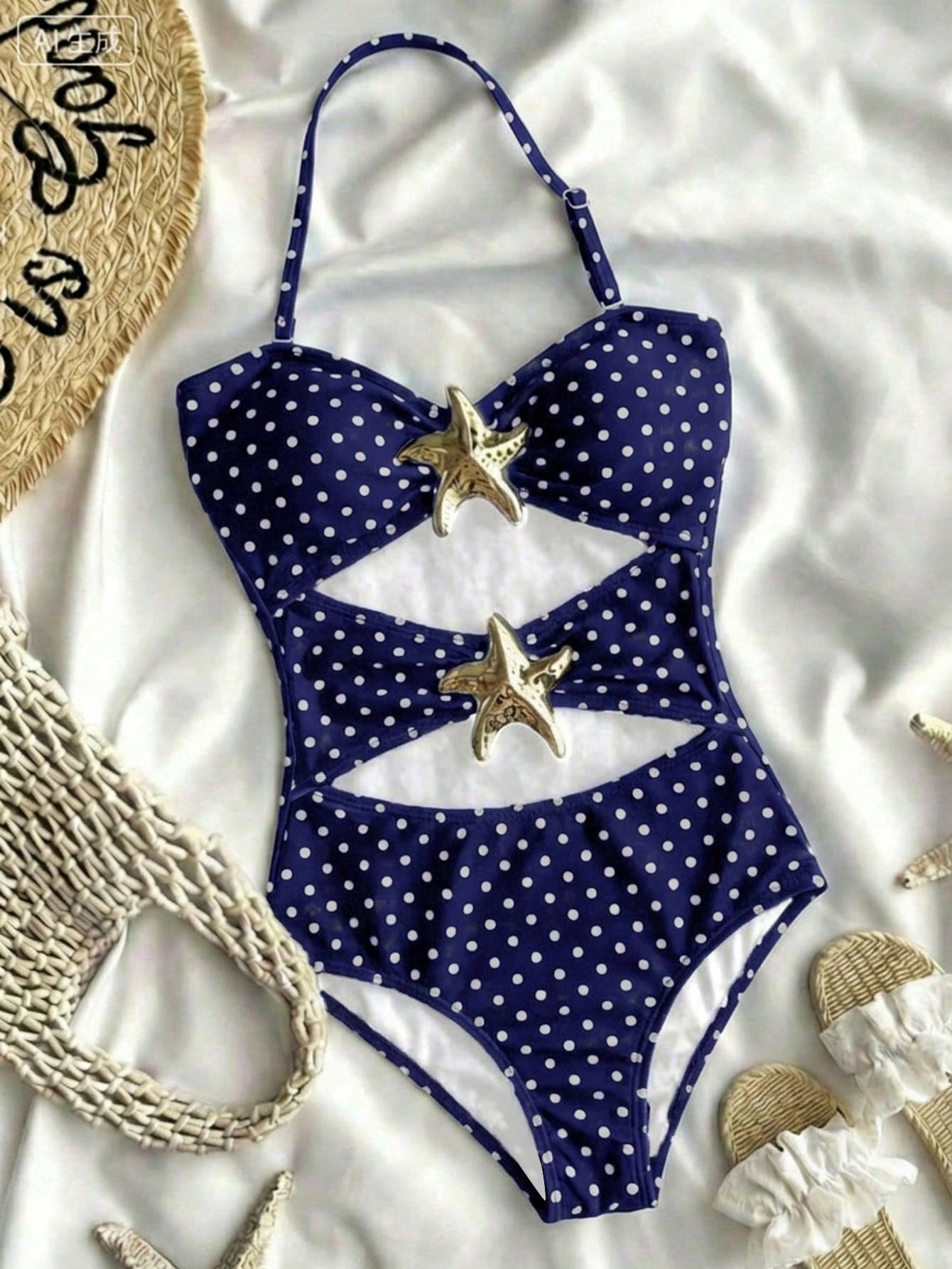 Tween girls' blue polka dot one-piece swimsuit with spaghetti strap halter neckline, high-cut bottom, and metal starfish decor for beach vacation wear.