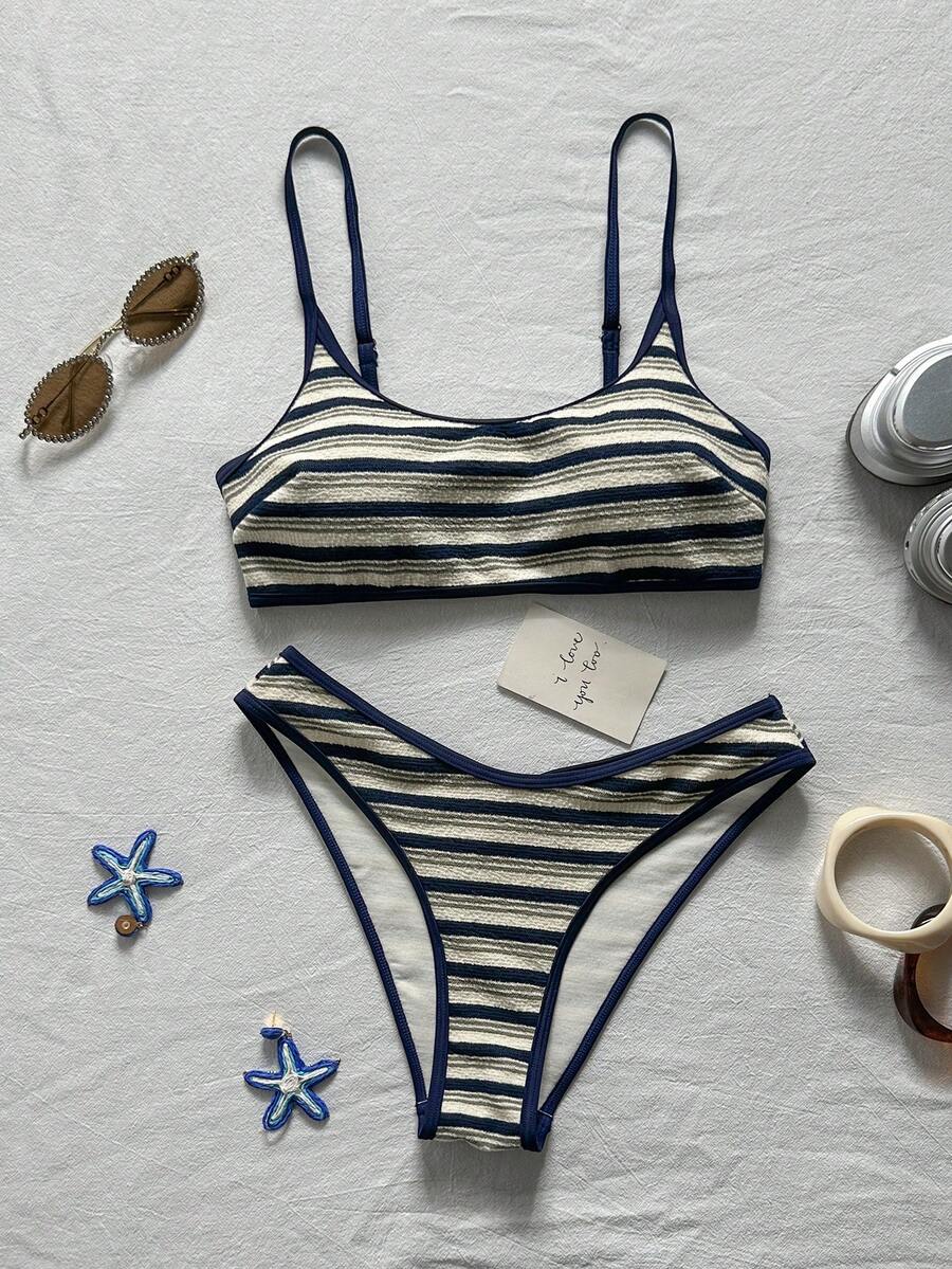 Apricot ribbed high waist two piece bikini swimsuit set for women featuring backless spaghetti strap top and high waisted bottoms.