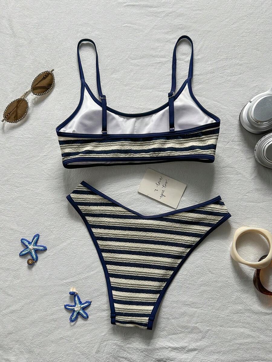 Apricot ribbed high waist two piece bikini swimsuit set for women featuring backless spaghetti strap top and high waisted bottoms.