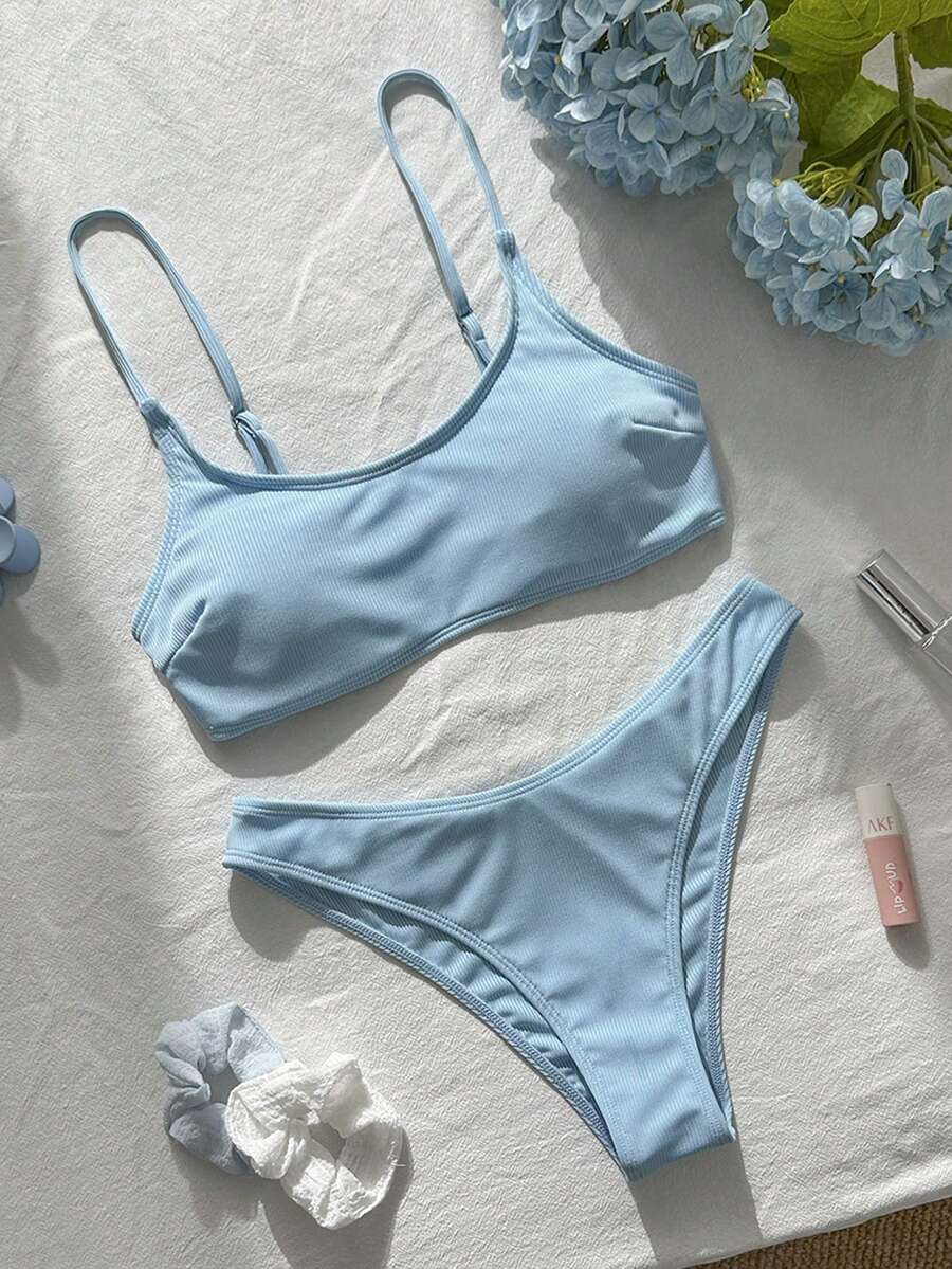 Apricot ribbed high waist two piece bikini swimsuit set for women featuring backless spaghetti strap top and high waisted bottoms.