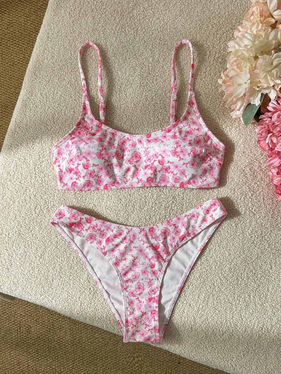 Apricot ribbed high waist two piece bikini swimsuit set for women featuring backless spaghetti strap top and high waisted bottoms.