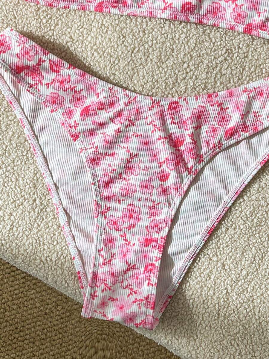 Apricot ribbed high waist two piece bikini swimsuit set for women featuring backless spaghetti strap top and high waisted bottoms.