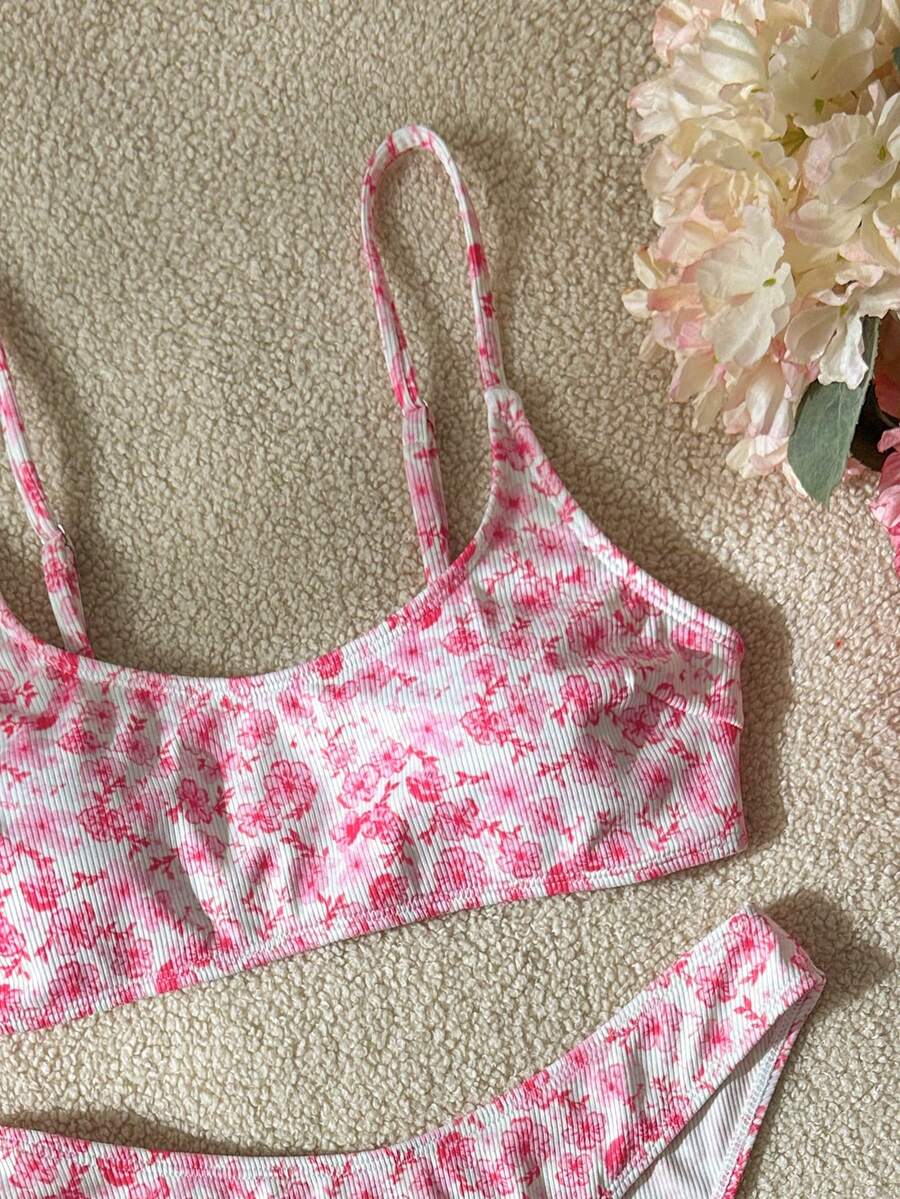 Apricot ribbed high waist two piece bikini swimsuit set for women featuring backless spaghetti strap top and high waisted bottoms.
