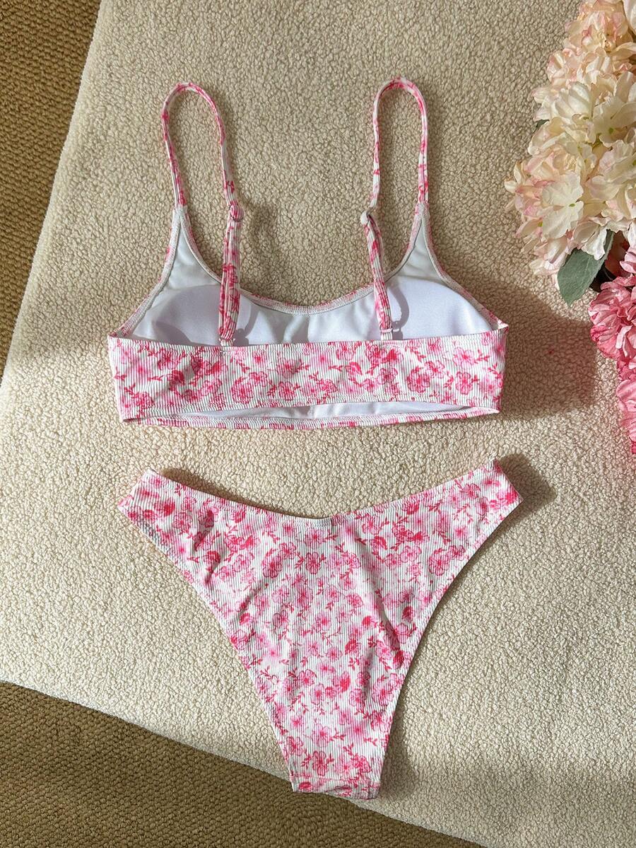 Apricot ribbed high waist two piece bikini swimsuit set for women featuring backless spaghetti strap top and high waisted bottoms.