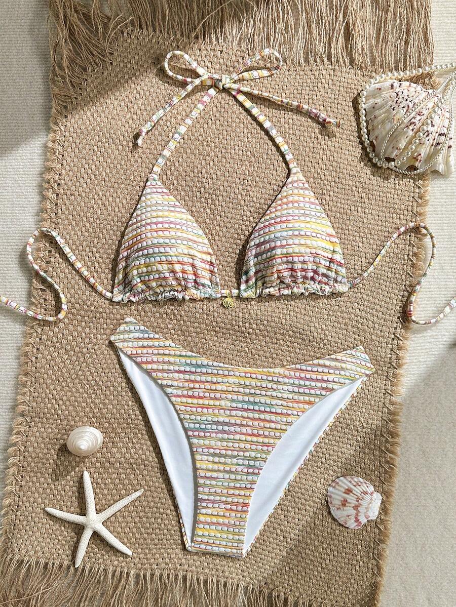 Women's black textured plaid 2-piece bikini set featuring a halter neckline, wireless triangle cups with removable padding, and mid-waist bottoms.