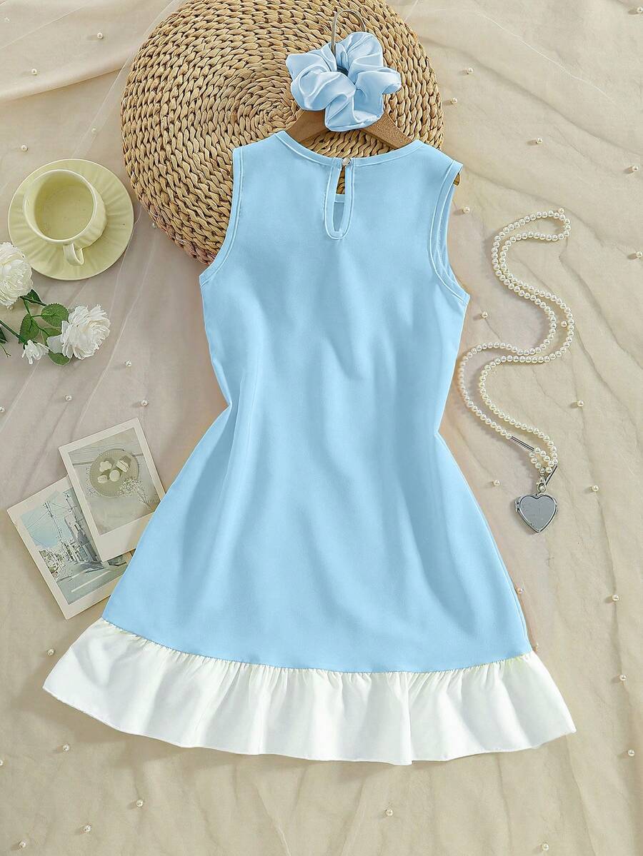 Yellow sleeveless colorblock dress for girls featuring a round neck, ruffle hem, and front bow detail.