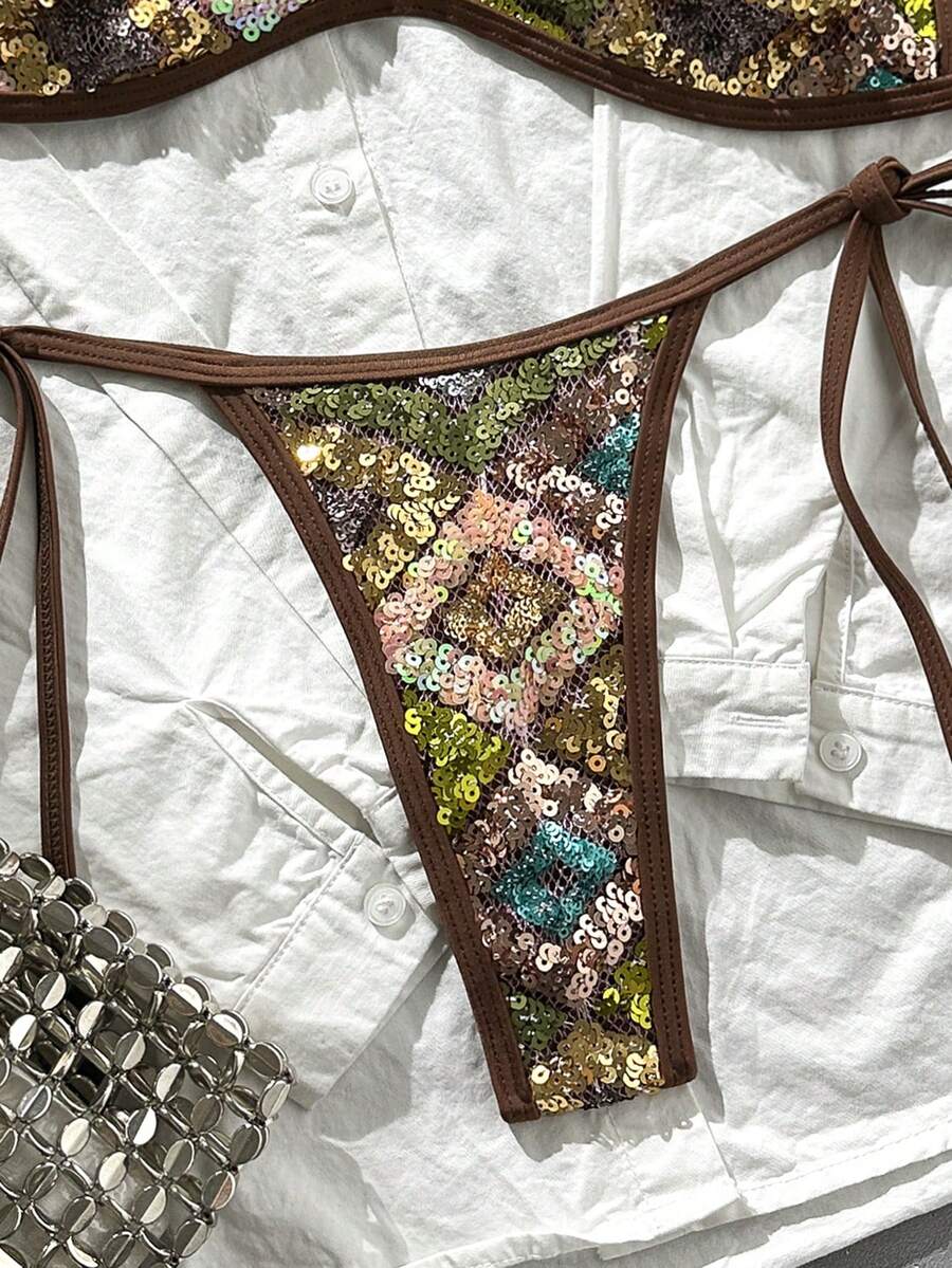 Apricot 2-piece sequin textured halter bikini set featuring a wireless top with lace-up backless ties and matching low-waist side-tie thong bottoms.