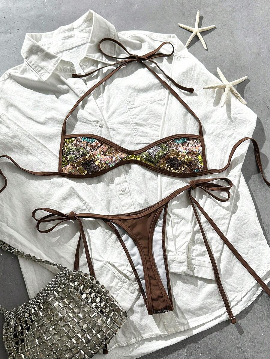 Apricot 2-piece sequin textured halter bikini set featuring a wireless top with lace-up backless ties and matching low-waist side-tie thong bottoms.