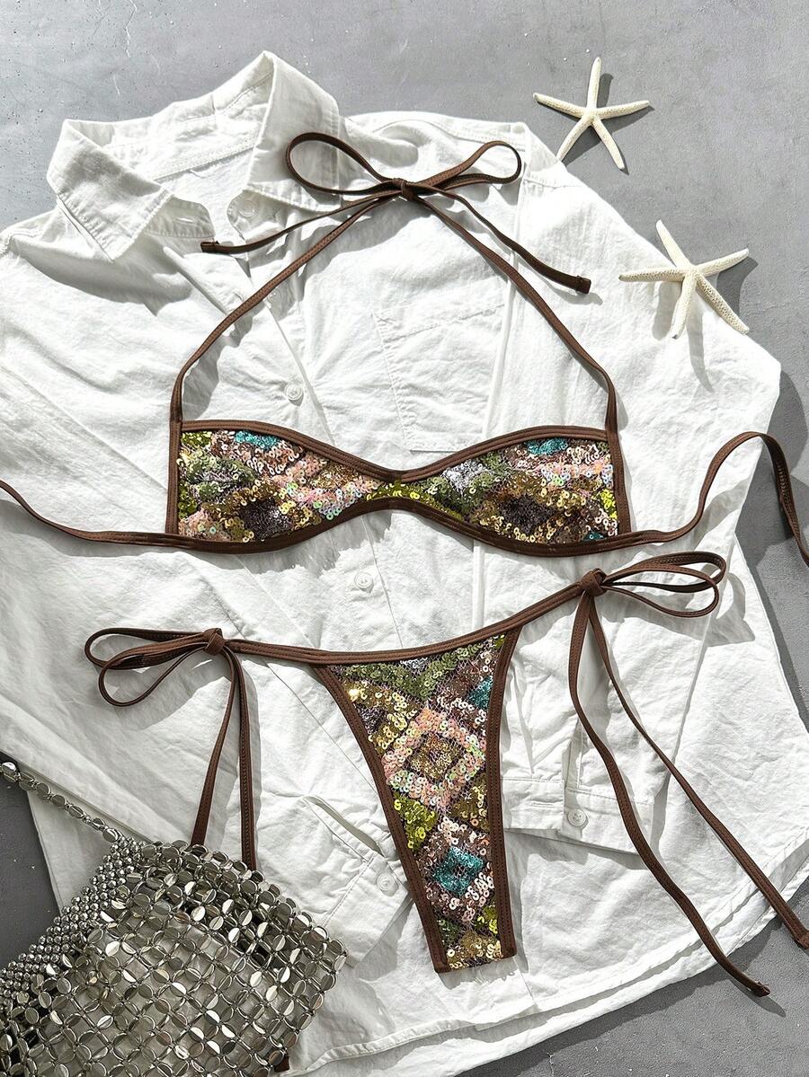 Apricot 2-piece sequin textured halter bikini set featuring a wireless top with lace-up backless ties and matching low-waist side-tie thong bottoms.