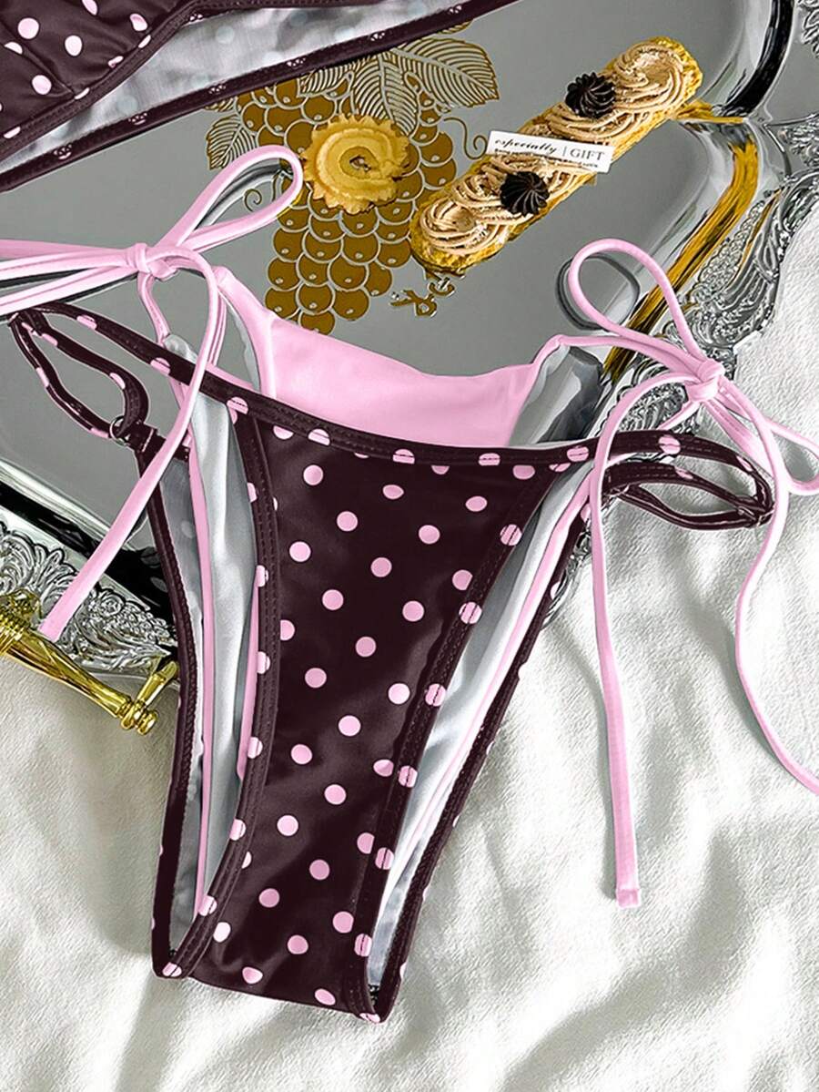 Women's retro polka dot high waist bikini swimsuit set with spaghetti straps and knot tie-back top.