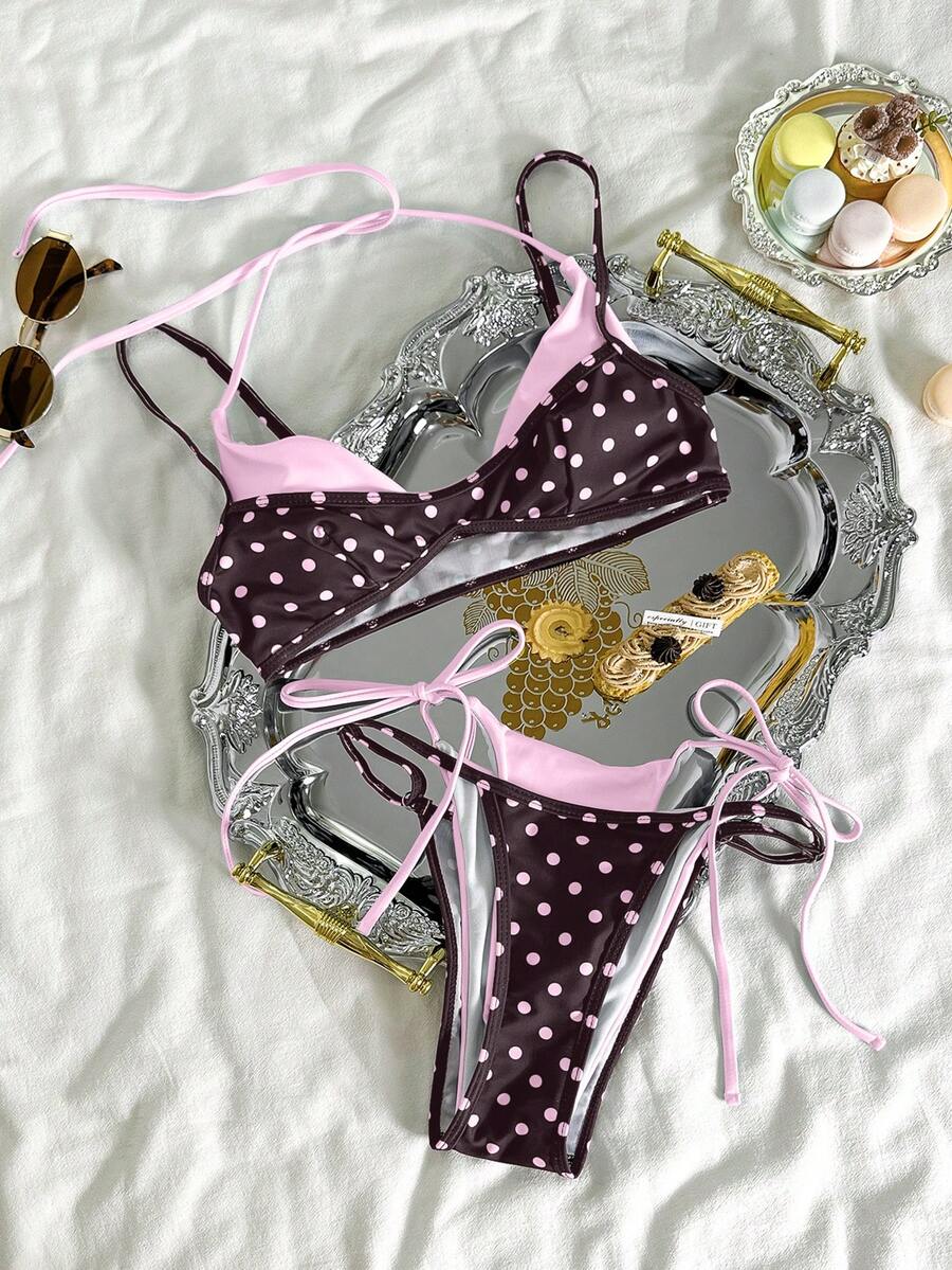 Women's retro polka dot high waist bikini swimsuit set with spaghetti straps and knot tie-back top.