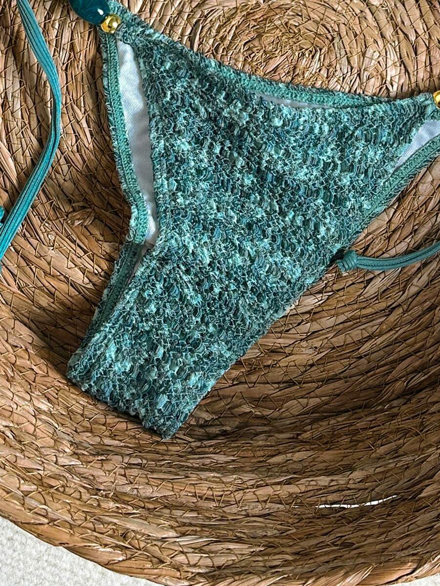 Multicolor textured beaded halter bikini set for women featuring wireless triangle cups with removable padding and ultra low waist tie side bottoms.