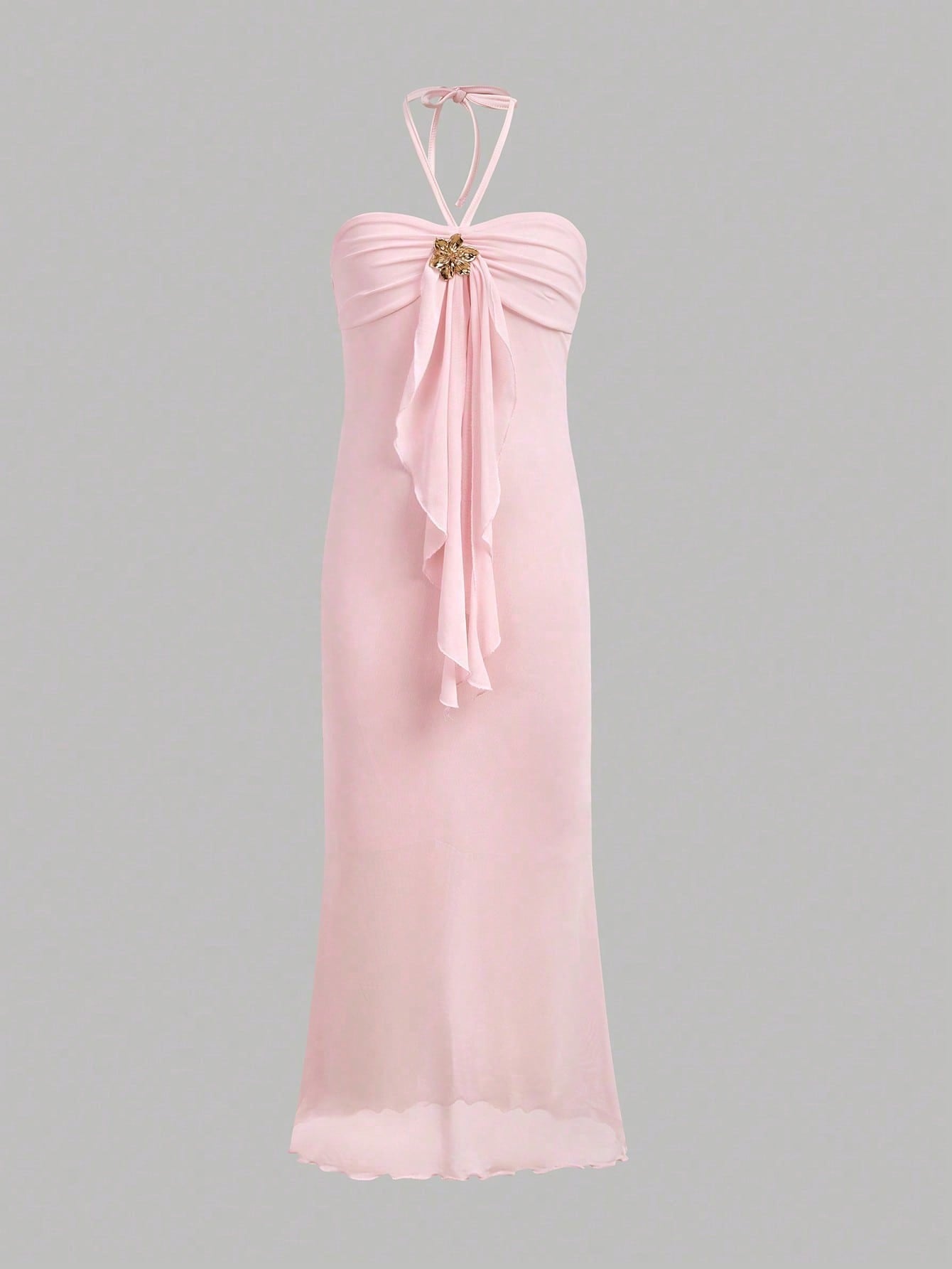Tween girl yellow long halter dress with textured jacquard knit, sleeveless slim fit cami design, natural waist, straight hem, and lined non-sheer finish for vacation or party wear.