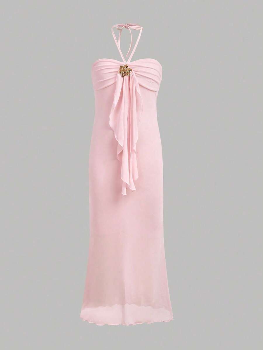 Tween girl yellow long halter dress with textured jacquard knit, sleeveless slim fit cami design, natural waist, straight hem, and lined non-sheer finish for vacation or party wear.