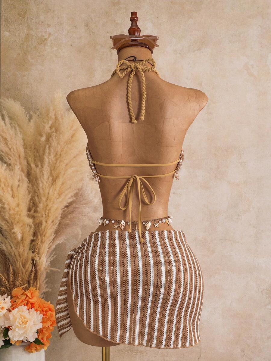 Multicolor striped 3-piece bikini set for women featuring a halter neck top with shell trim and low waist high cut bottoms.