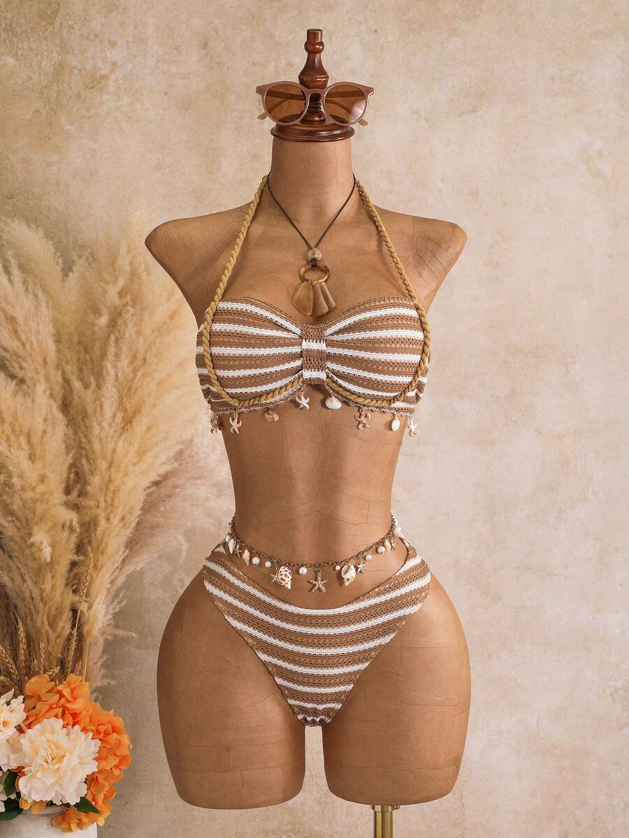 Multicolor striped 3-piece bikini set for women featuring a halter neck top with shell trim and low waist high cut bottoms.