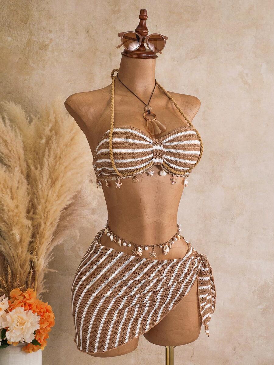 Multicolor striped 3-piece bikini set for women featuring a halter neck top with shell trim and low waist high cut bottoms.
