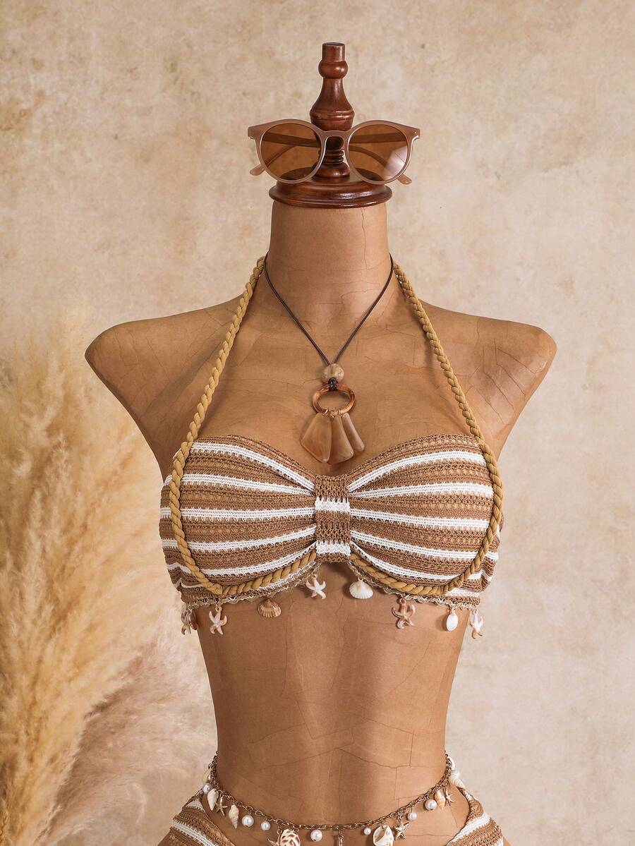 Multicolor striped 3-piece bikini set for women featuring a halter neck top with shell trim and low waist high cut bottoms.