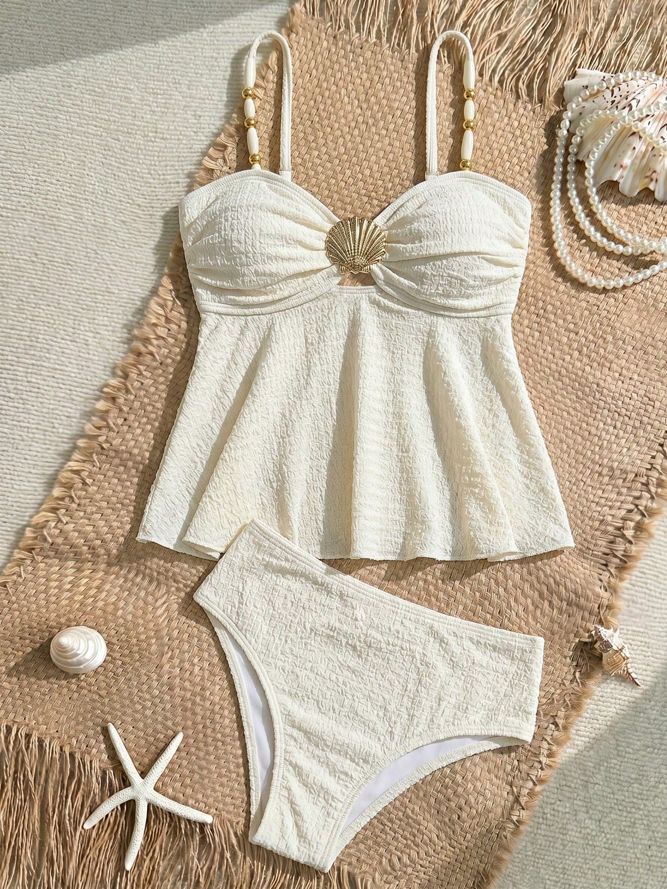 Tween Girl Tween Girl Textured Knit Apricot Halter Gold Shell Tankini Swimwear Set
