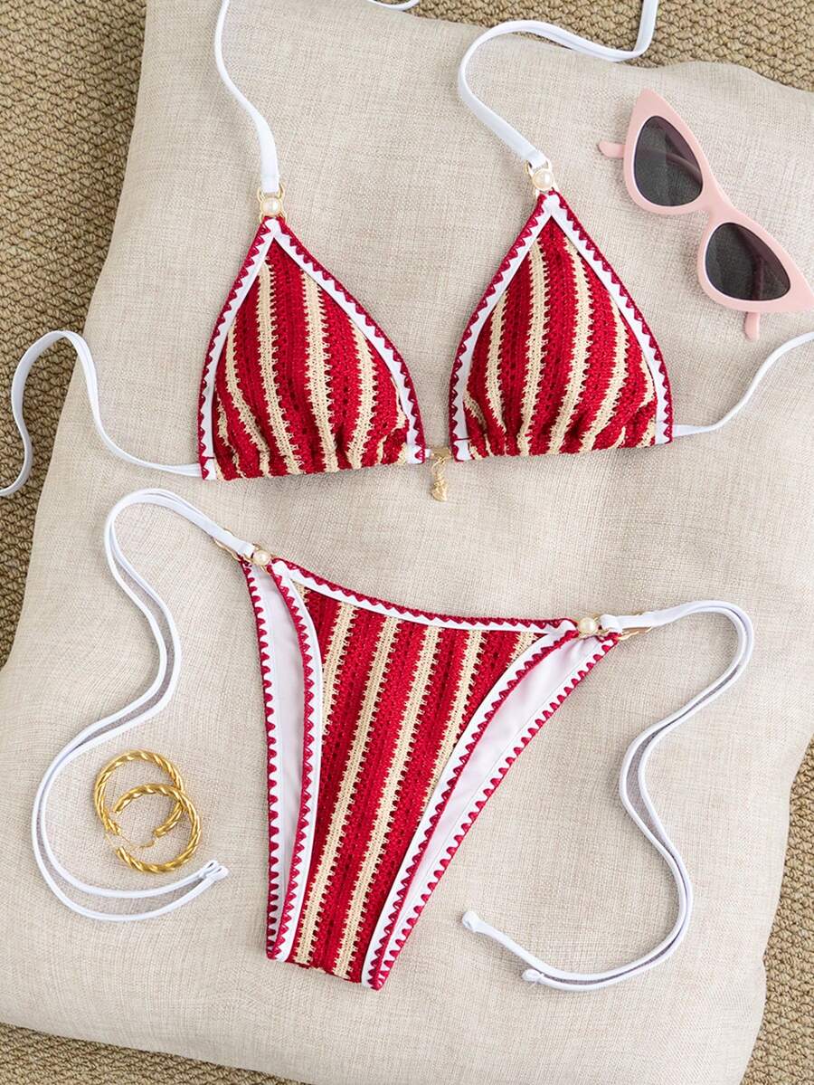 Women's triangle bikini set with contrast lace wireless bra top and ultra high waist tie side bottoms.