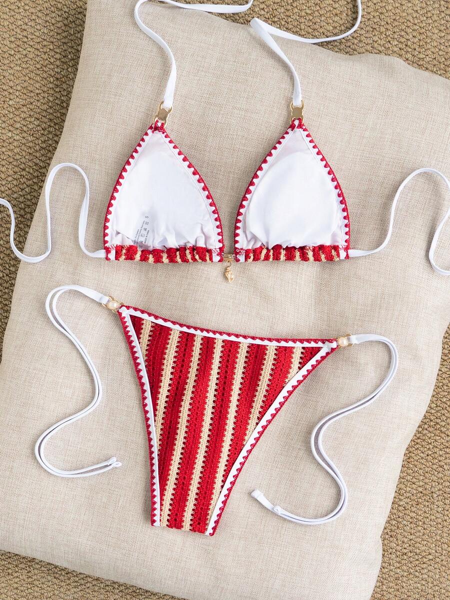 Women's triangle bikini set with contrast lace wireless bra top and ultra high waist tie side bottoms.