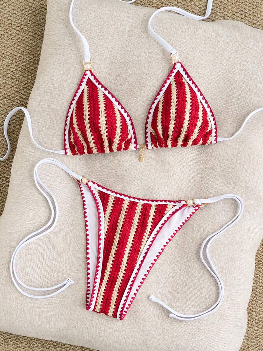 Women's triangle bikini set with contrast lace wireless bra top and ultra high waist tie side bottoms.