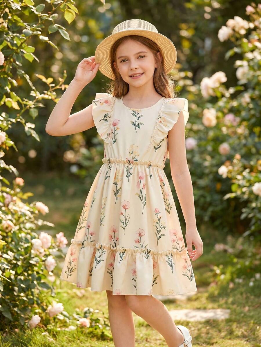 Girls sleeveless floral ruffle high waist A-line dress in champagne color with round neck and flounce hem.