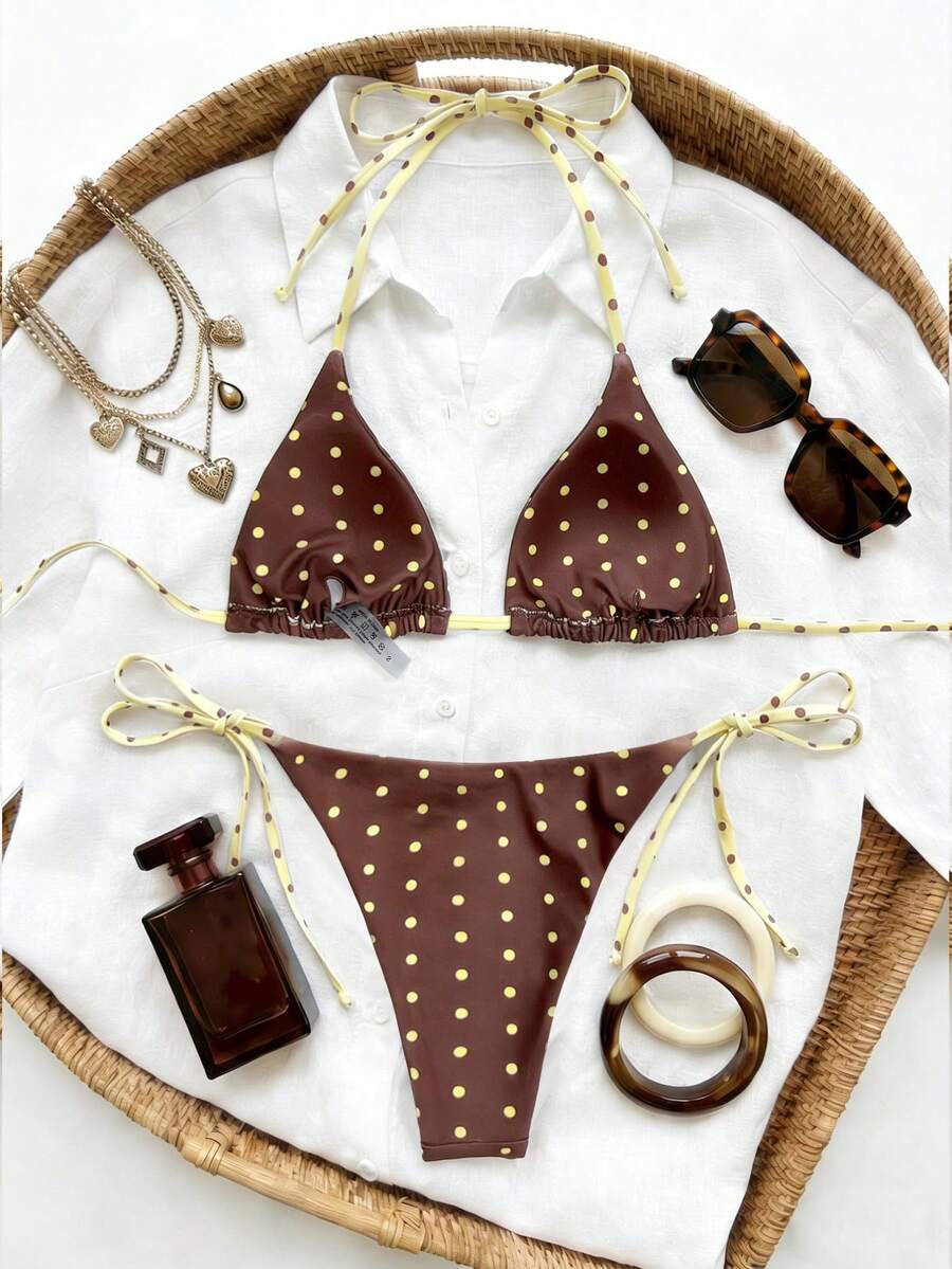 Women's high waist 2-piece triangle bikini set featuring colorblock trim, halter neckline, wireless bra with removable padding, and tie-side bottoms.
