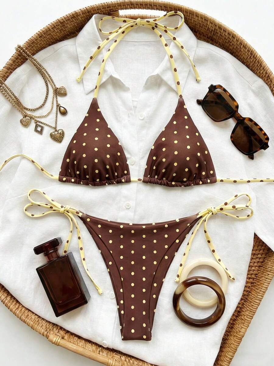 Women's high waist 2-piece triangle bikini set featuring colorblock trim, halter neckline, wireless bra with removable padding, and tie-side bottoms.